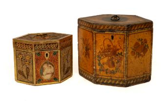 A George III quillwork tea caddy together with its outer case and caddy spoon