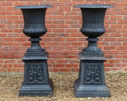 A pair of antique garden urns on decorative plinths