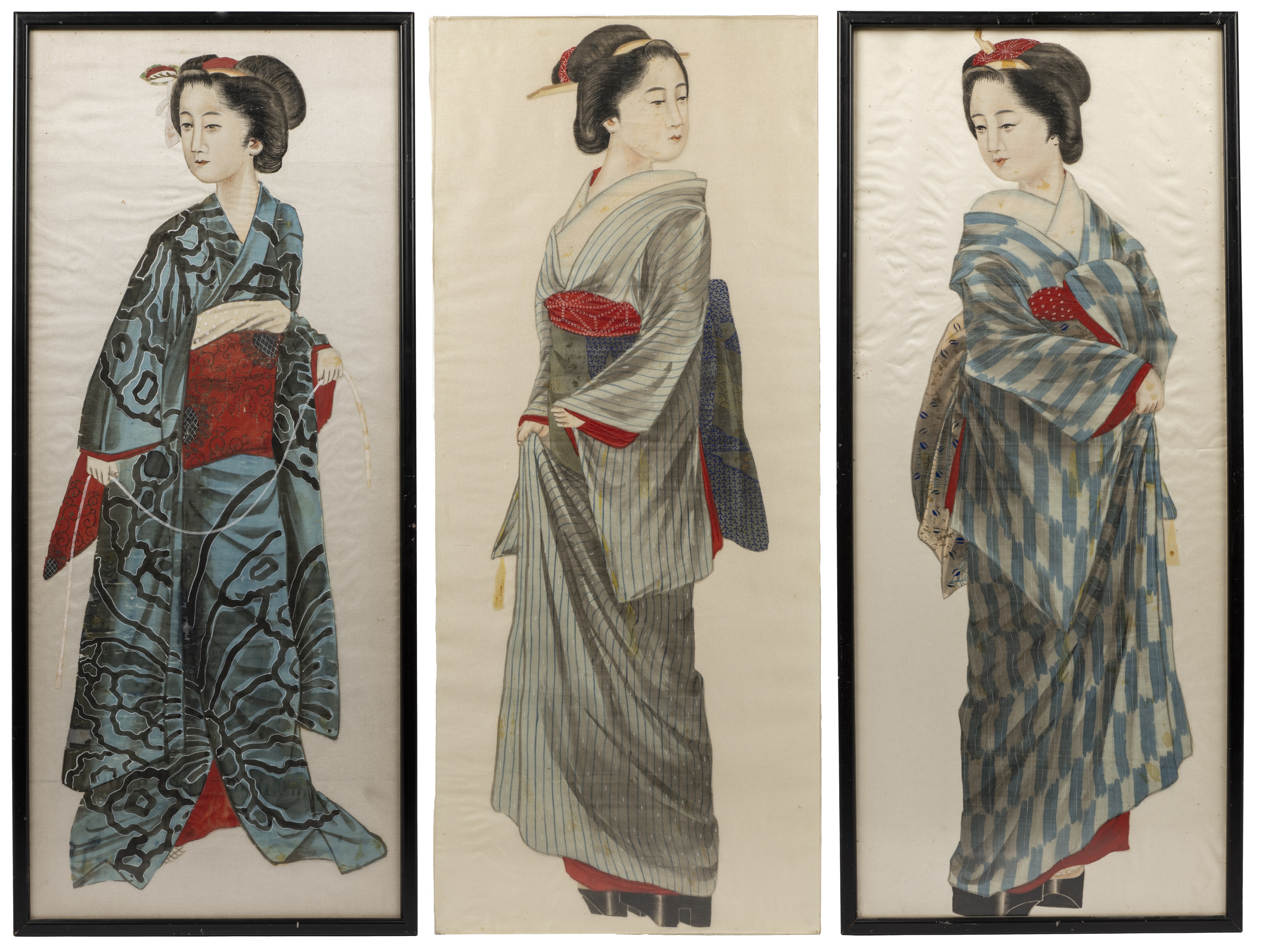 Three Japanese silk paintings of Geishas