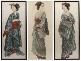 Three Japanese silk paintings of Geishas