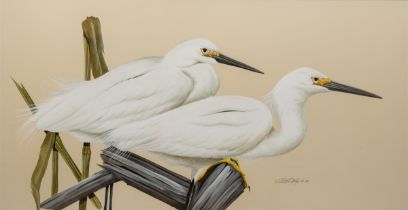 Art Lamay, 20th century American School, two egrets perched on a stump