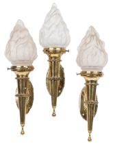 Three brass torchère wall lights