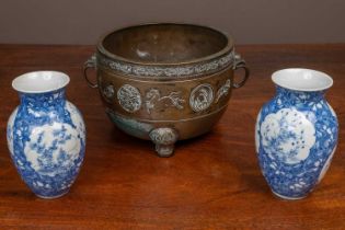 A Japanese bowl together with a pair of Japanese vases