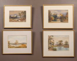 Four watercolours of castles by rivers