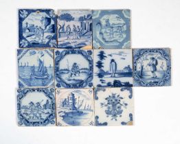 Ten blue and white Liverpool Delftware tiles circa 1740-1760