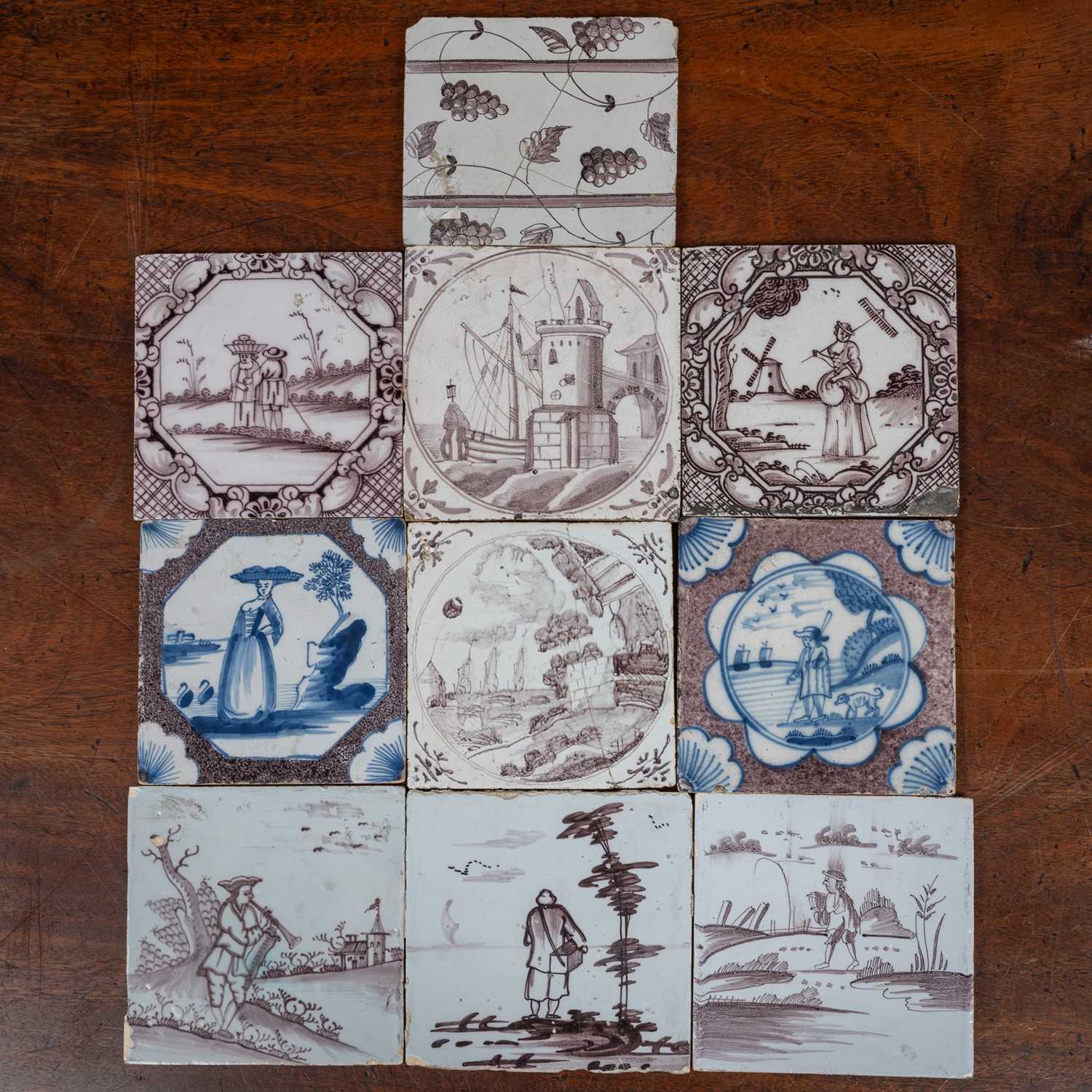 Ten 18th century Liverpool Delftware tiles