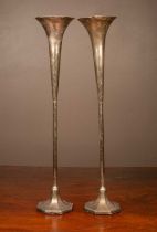 Two art-deco silver-plated long trumpet vases