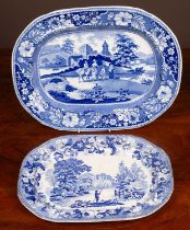 Two blue and white transfer-printed meat platters