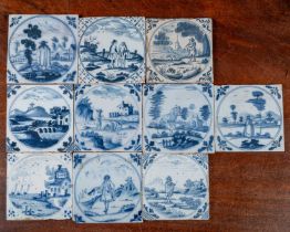 Ten 18th century blue and white Liverpool delftware tiles