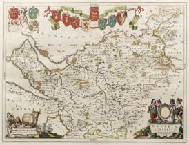 Joan Blaeu Map of Cheshire, hand-coloured engraving with decorative figural title cartouche and