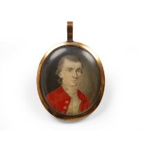 Late 18th century English School An oval miniature portrait of a gentleman, in scarlet topcoat and