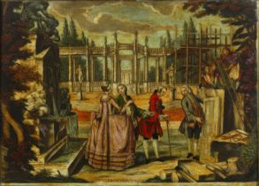 A late 18th century reverse painted print on glass Architecture, 25 x 35.5cm, and two further - lady