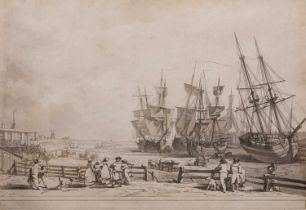 English school (early 19th century) Loading the boats, etching with aquatint, 23.5 x 49cm