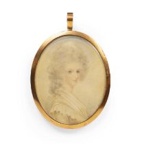 Early 19th century English school An oval miniature portrait of a lady, wearing a white lace edged