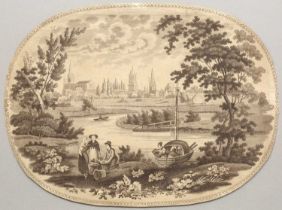 19th century English school Oxford from the river bank, engraved design for a blue and white meat