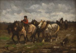19th century French school The Plough team, indistinctly signed, oil on panel, 21.5 x 31cm