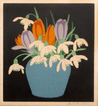 John Hall Thorpe (1874-1947) Snowdrops and crocus, signed in pencil, colour woodcut, 18 x 17cm