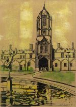 Sarah Jarvis (20th century) Tom Tower from Christchurch quad, signed and dated '78, numbered 7, lino