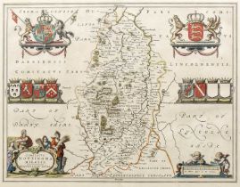 Joan Blaeu Map of Nottingham, hand-coloured engraving with decorative title cartouche and coats of