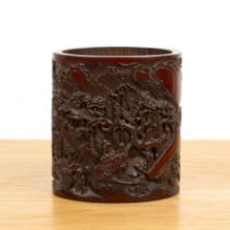 Carved bamboo brush pot Chinese, 19th/ early 20th Century well decorated with travellers and other