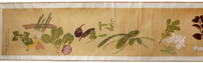 Qianlong style long scroll Chinese 'Colourful vegetables', the painted panel measures, with script
