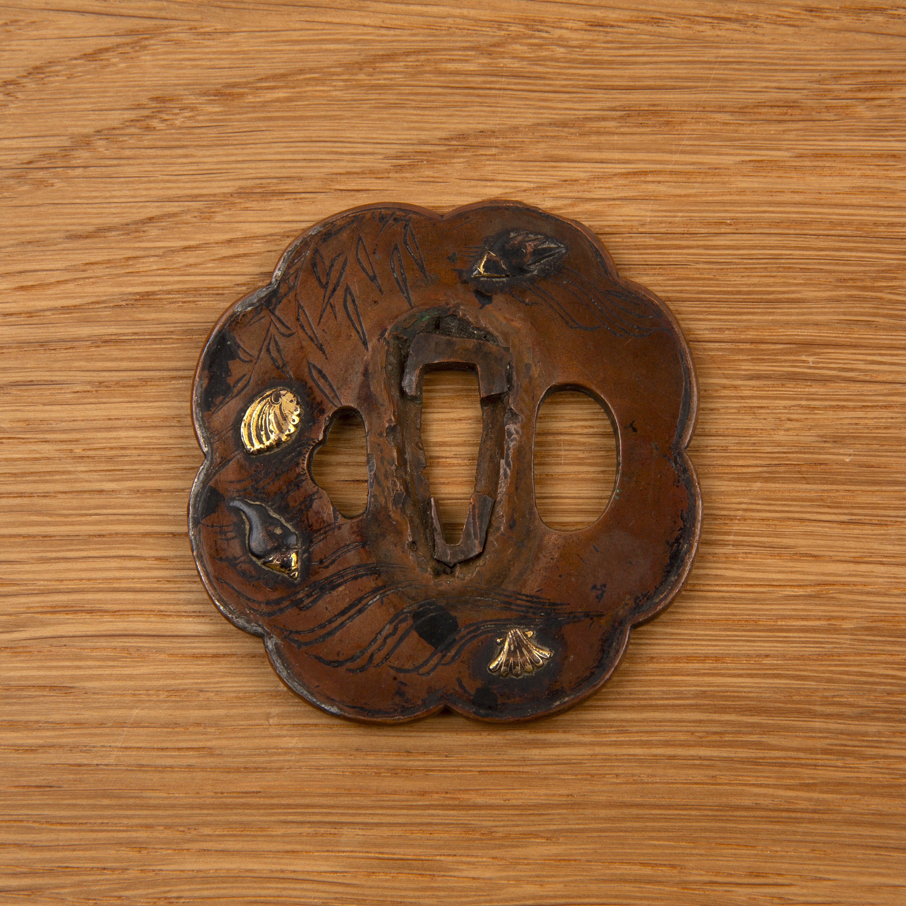 Dark copper tsuba Japanese, Edo period of eight lobed circular form, decorated in iro-e-zogan with - Image 2 of 2