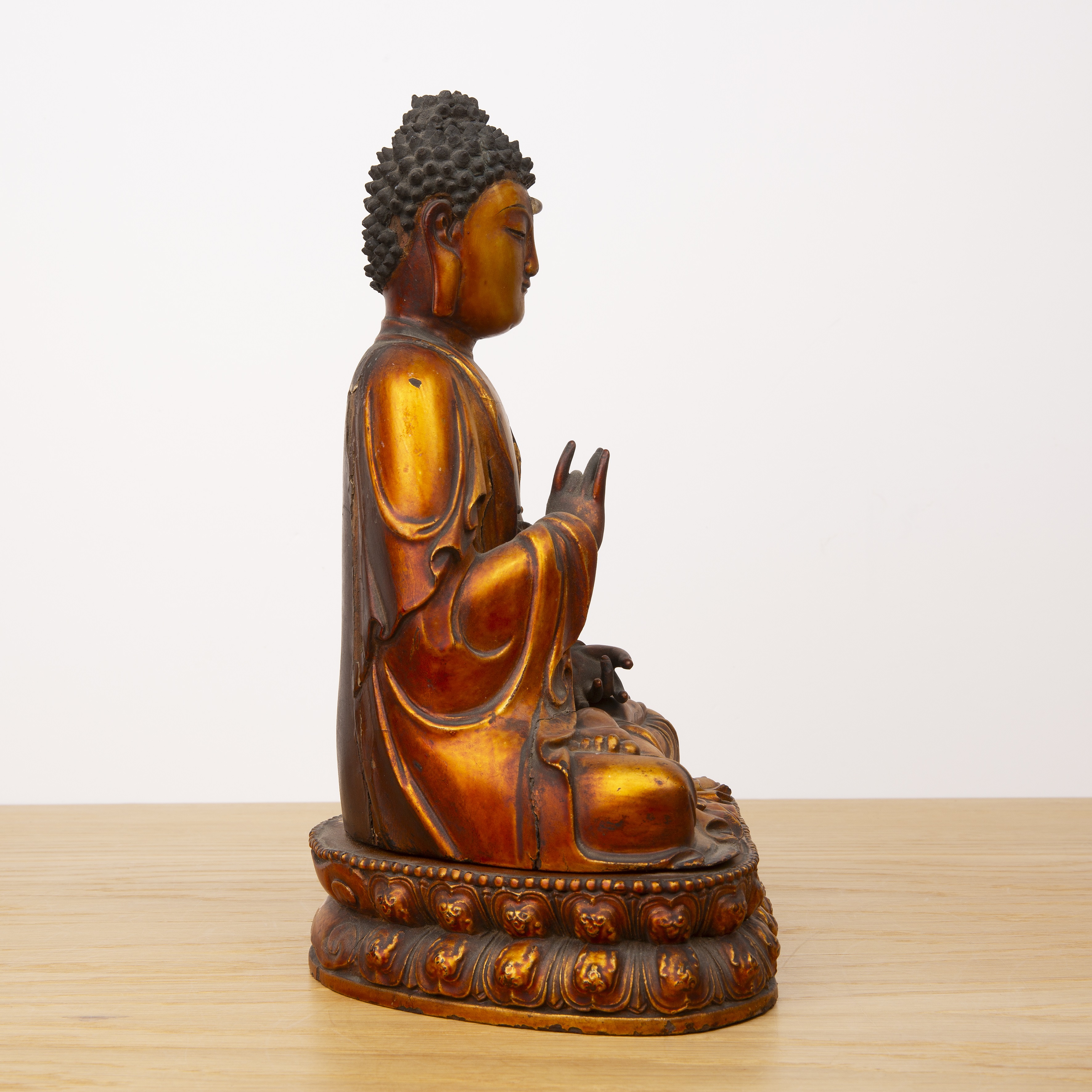 Giltwood seated buddha Japanese, 19th Century the seated figure with hand raised and on a double - Image 4 of 15