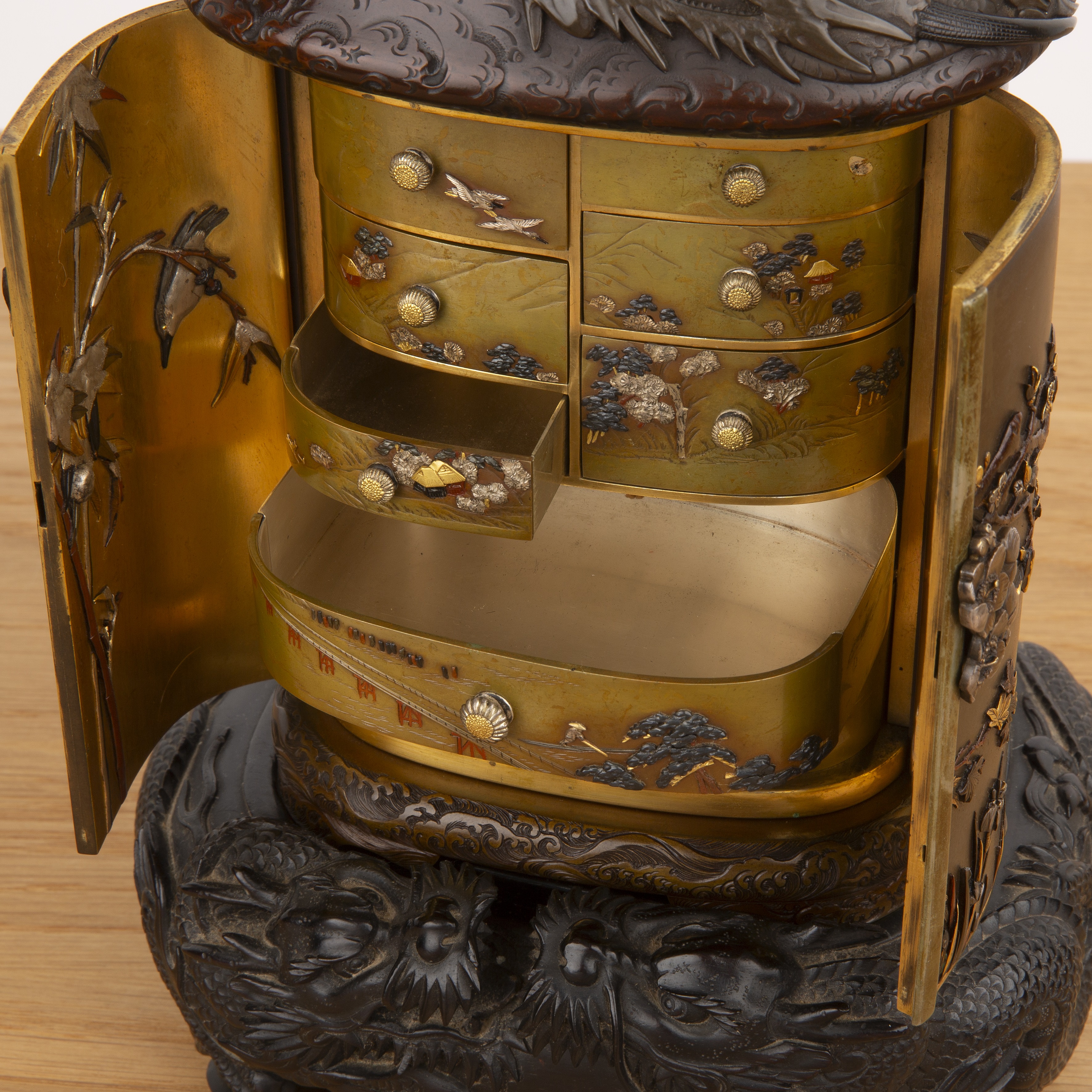 Metal and shakudo Kodansu cabinet on a dragon carved hardwood base Japanese, Meiji period in the - Image 7 of 61