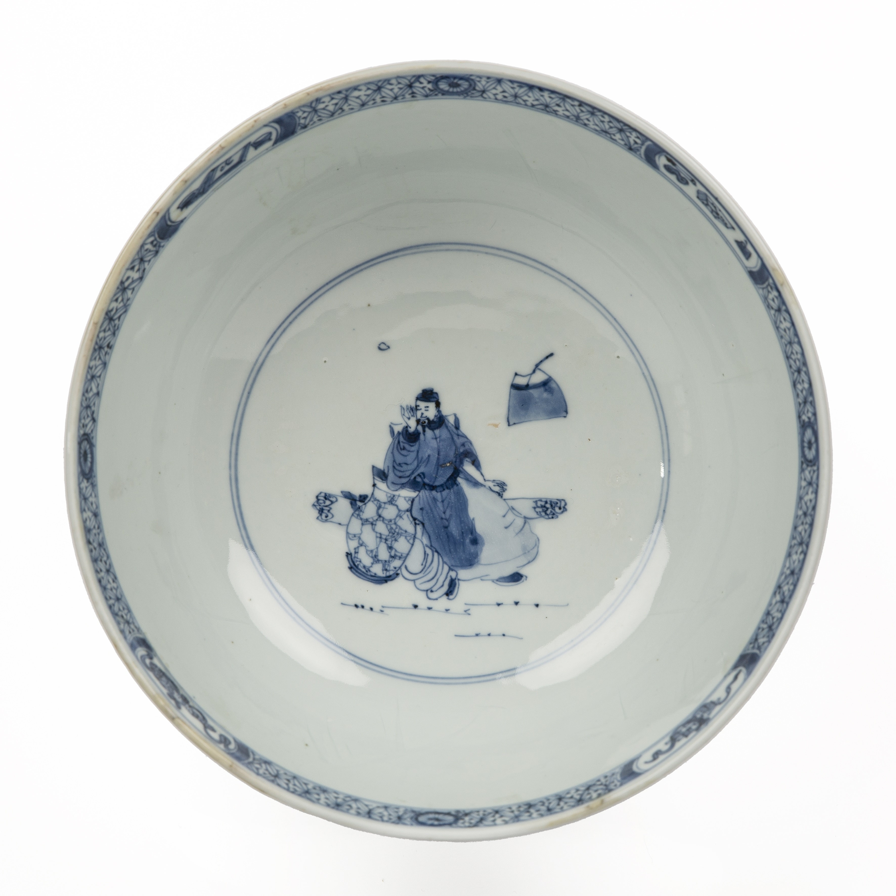 Blue and white circular bowl Chinese, 18th Century painted with travellers and scholars, 25.2cm - Image 2 of 6