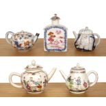 Group of four porcelain teapots and a tea caddy Chinese, 18th Century to include an ovoid teapot,
