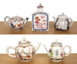 Group of four porcelain teapots and a tea caddy Chinese, 18th Century to include an ovoid teapot,