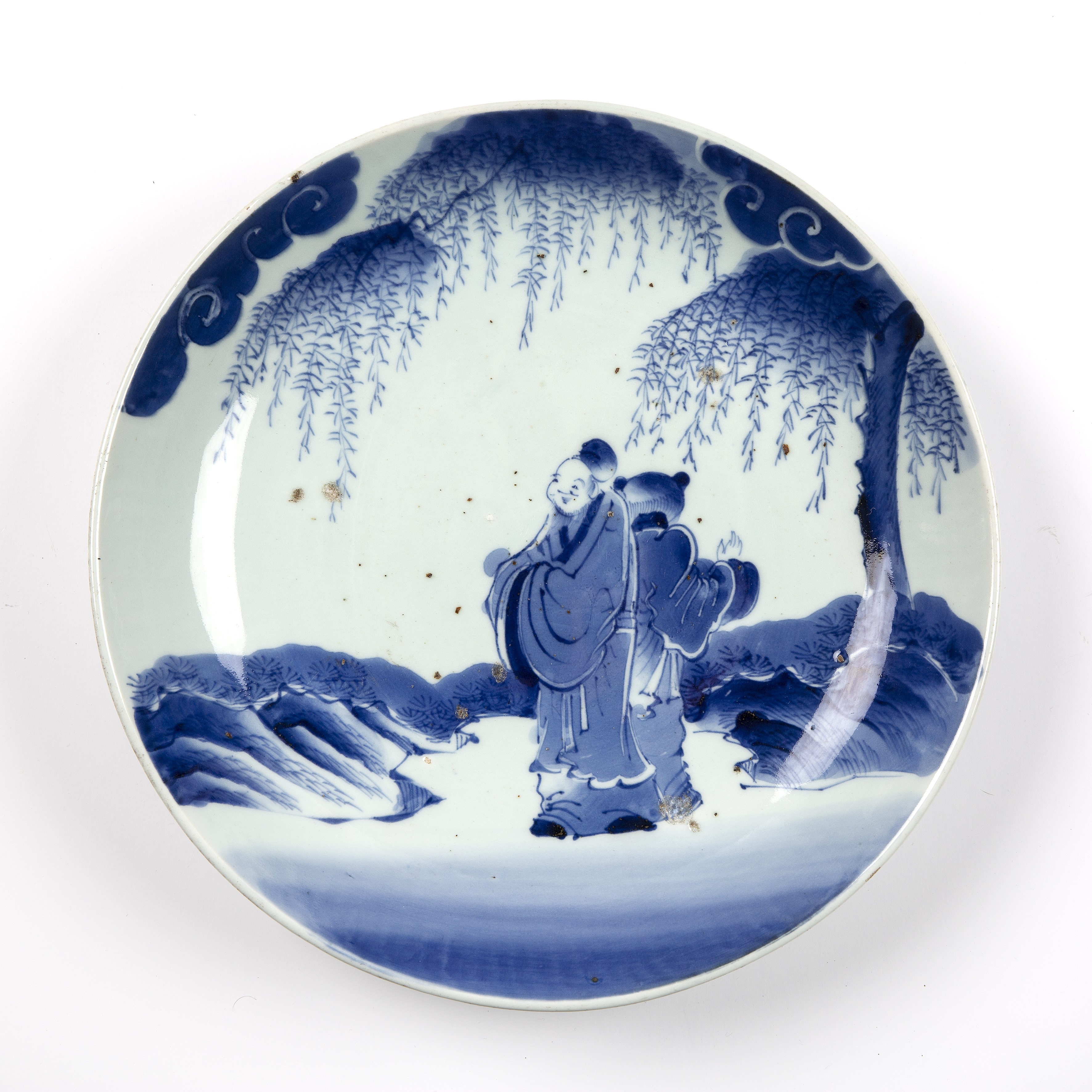 Blue and white porcelain Arita large dish Japanese, 18th Century painted with two scholars under a