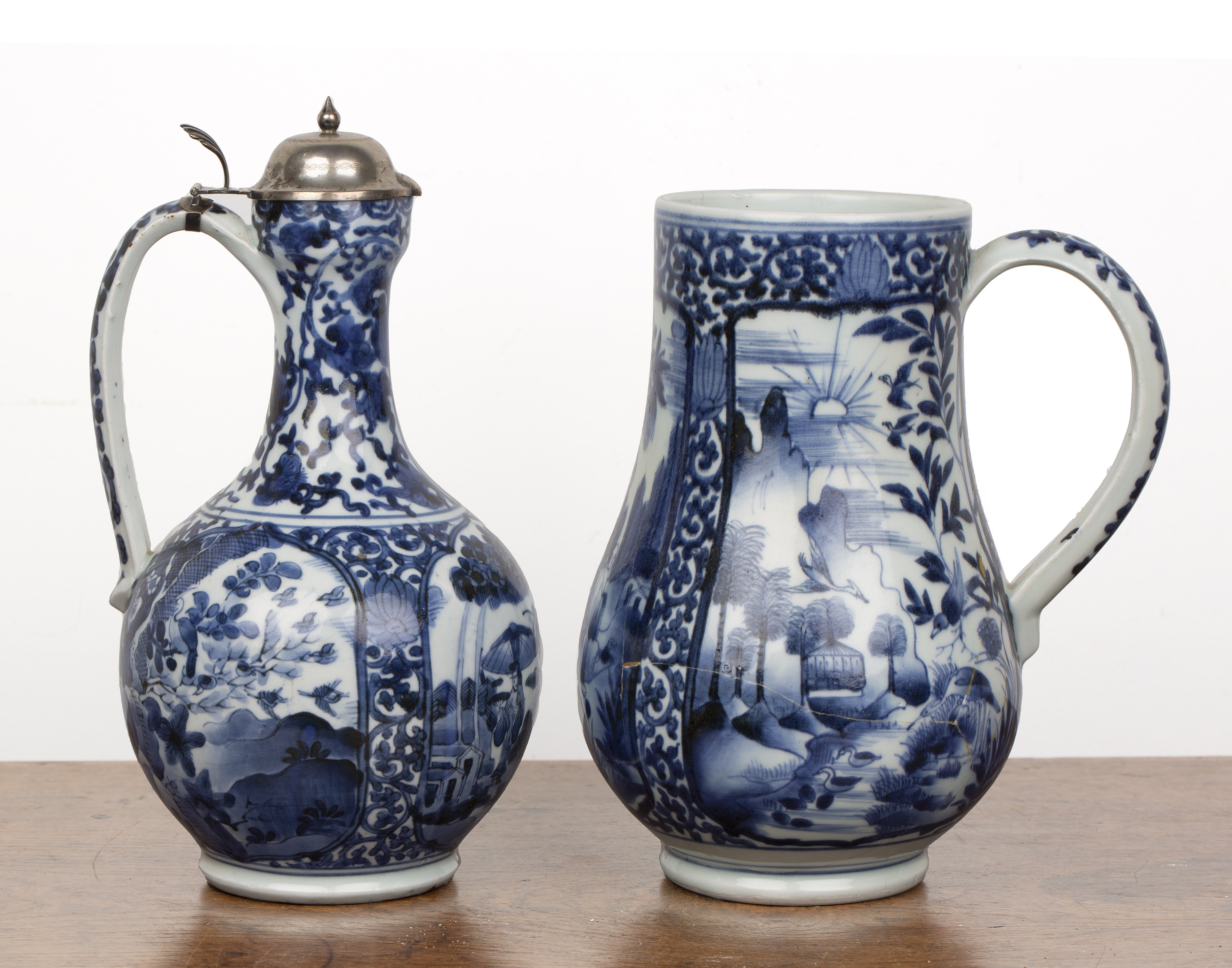Blue and white porcelain Arita and a tankard Japanese, circa 1700 both with panels of landscape - Image 2 of 6