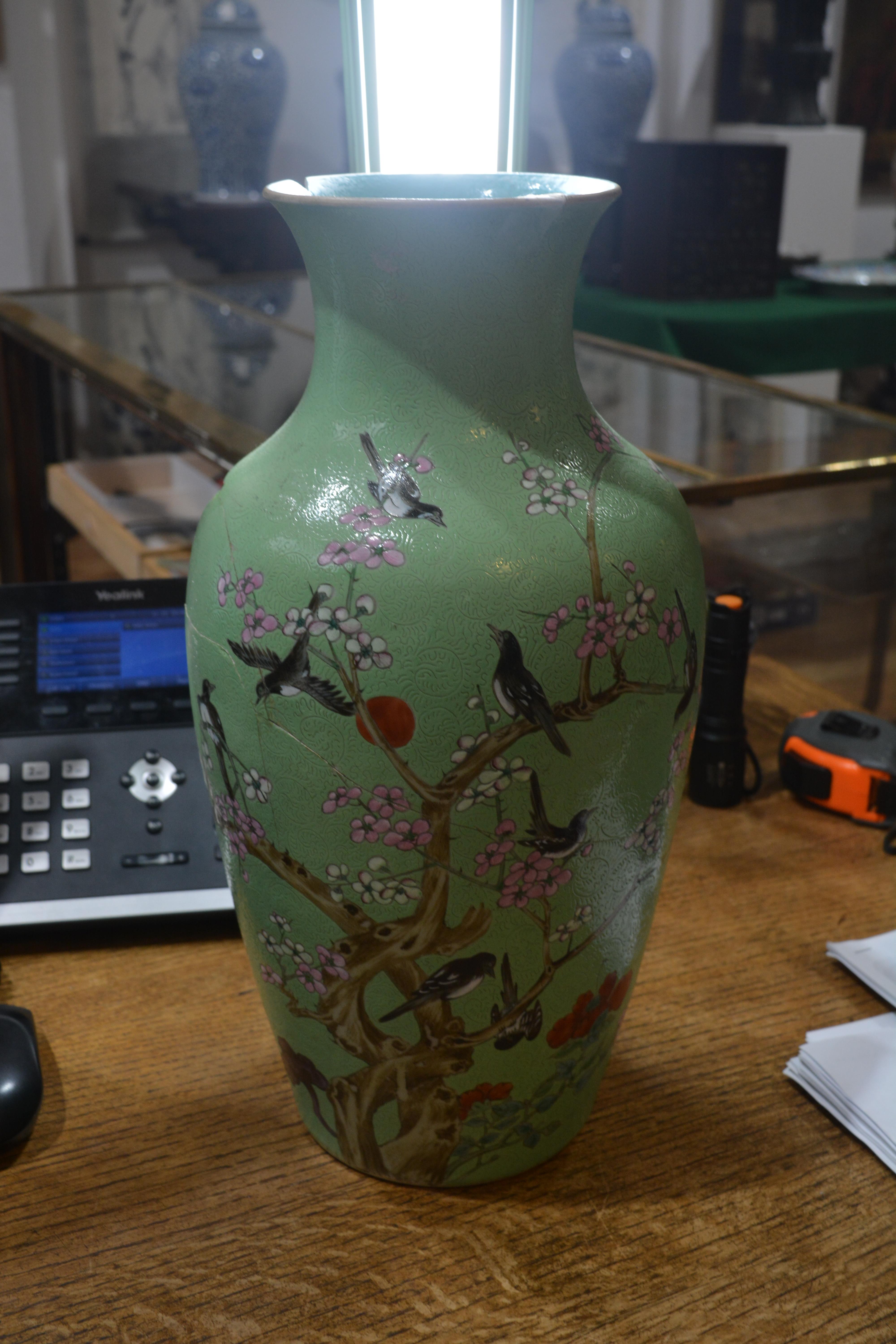 Green and enamel vase Chinese, 19th Century painted with birds and blossom on a an incised ground, - Image 9 of 23