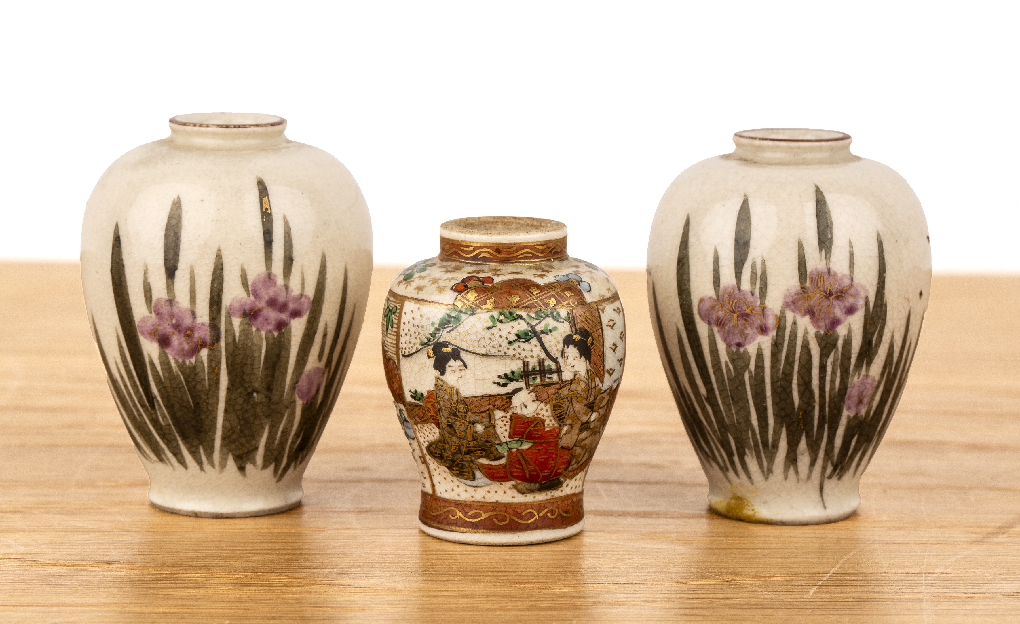 Pair of miniature Satsuma vases and a single vase Japanese variously painted with flowers and