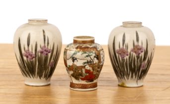 Pair of miniature Satsuma vases and a single vase Japanese variously painted with flowers and
