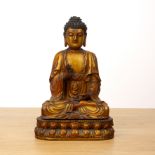 Giltwood seated buddha Japanese, 19th Century the seated figure with hand raised and on a double