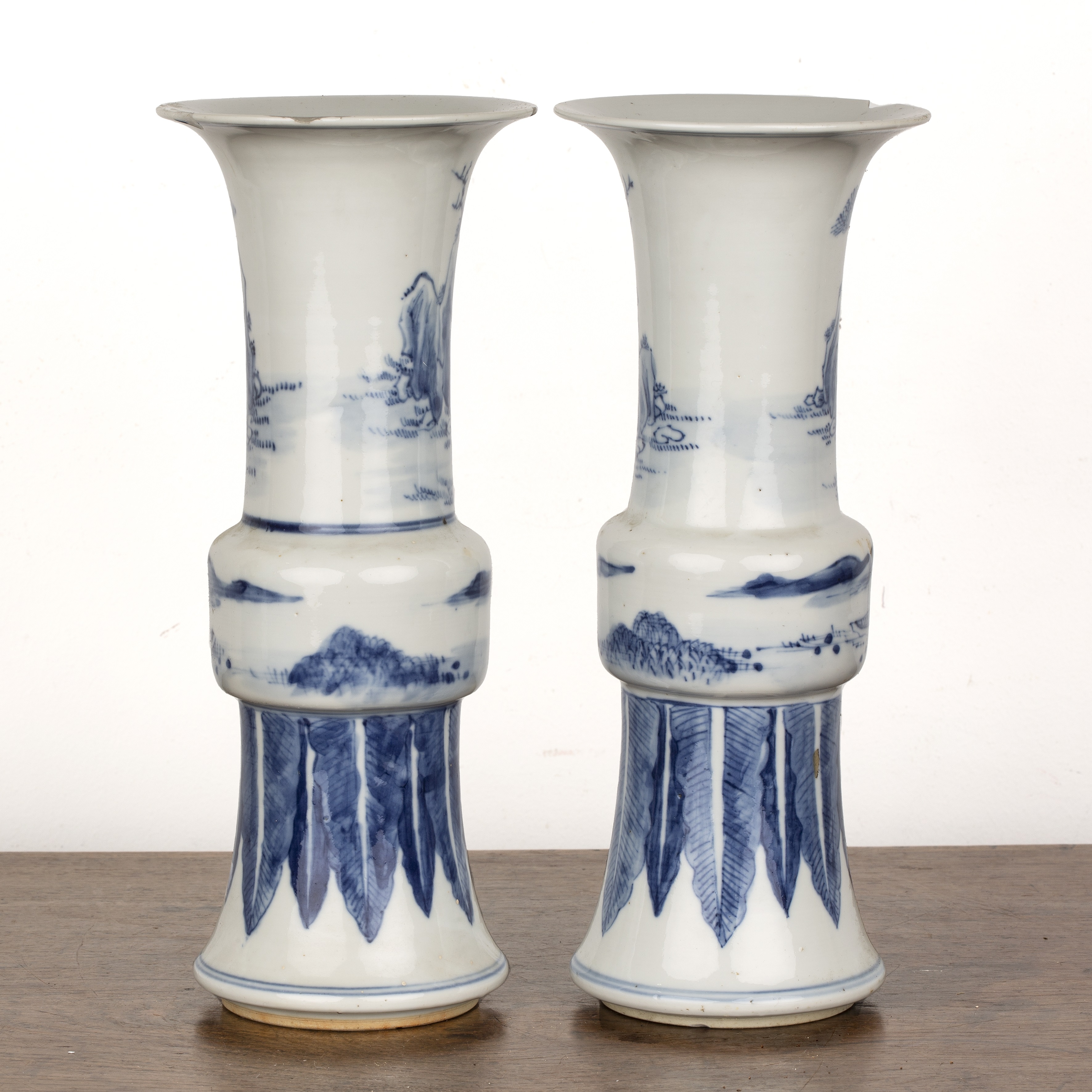 Pair of blue and white porcelain Gu vases Chinese, 19th Century painted with scholars, river - Image 2 of 5