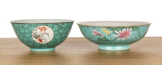 Two green porcelain bowls Chinese, early 20th Century both with a similar ground colour painted with