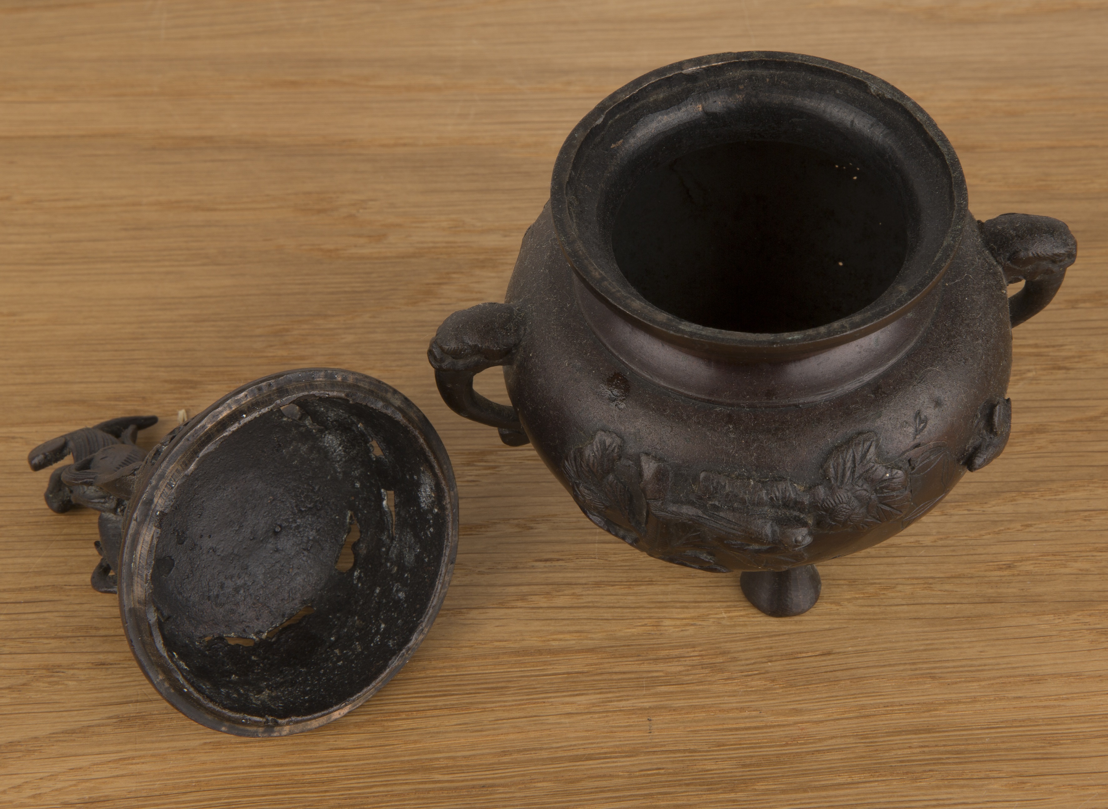 Small bronze censer Japanese with a kylin finial, 17cm high With some marks and wear. - Image 3 of 4