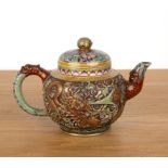Yixing teapot with enamelled decoration Chinese decorated with dragons around the body, a key border
