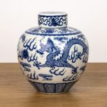 Ovoid blue and white vase and cover Chinese, 19th Century painted with a dragon and flaming