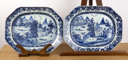 Pair of blue and white porcelain meat plates Chinese, 18th Century each painted with a church and