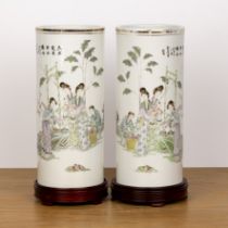 Pair of cylindrical brush pots Chinese, 20th Century marked Qianjiang, painted with female figures