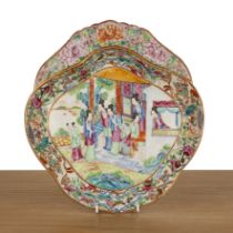 Canton polychrome porcelain shaped dish Chinese, 19th Century painted with ladies on and looking out