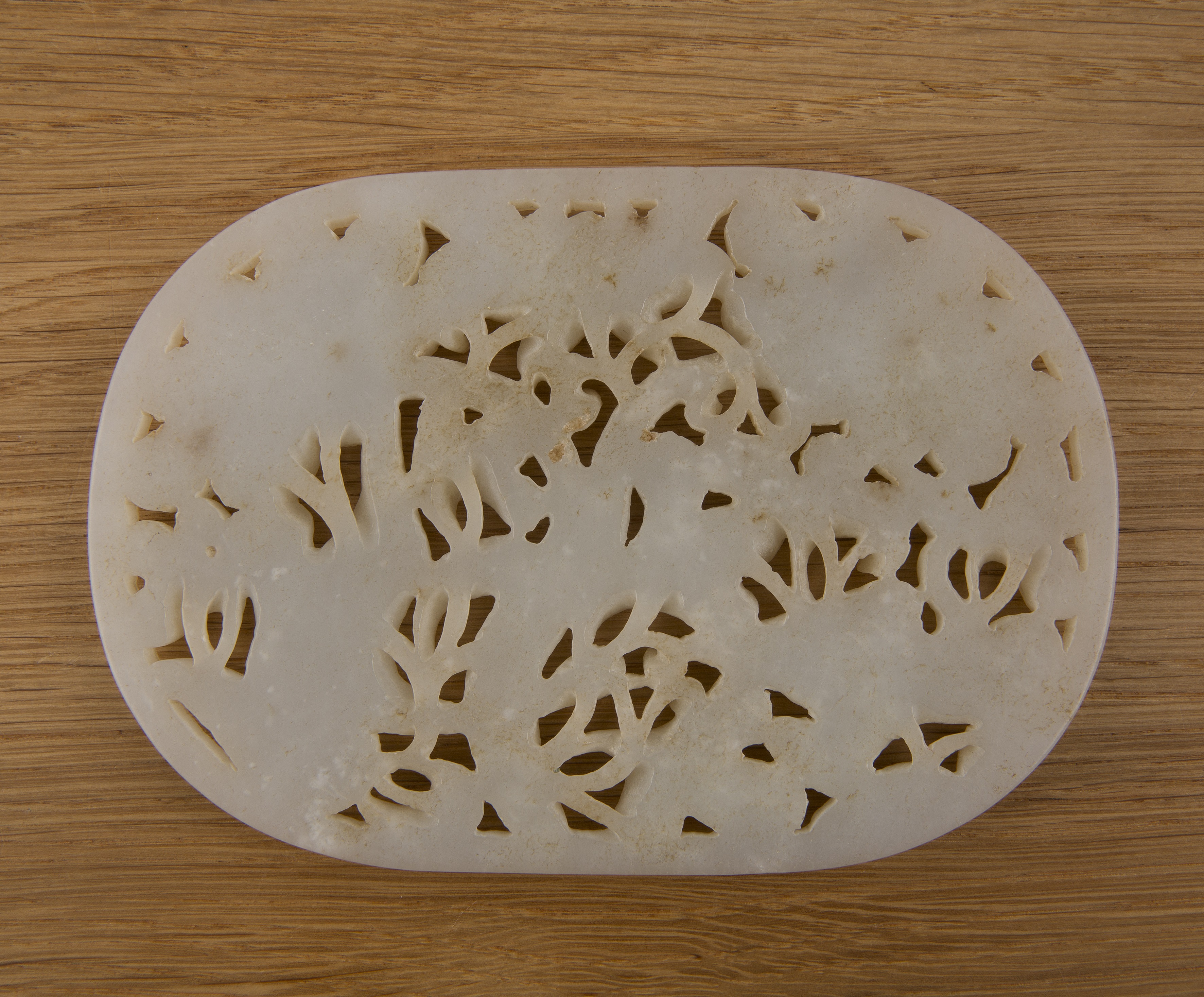 Oval jade plaque Chinese carved with herons and lotus flowers, 14cm x 10cm With some wear, - Image 2 of 2