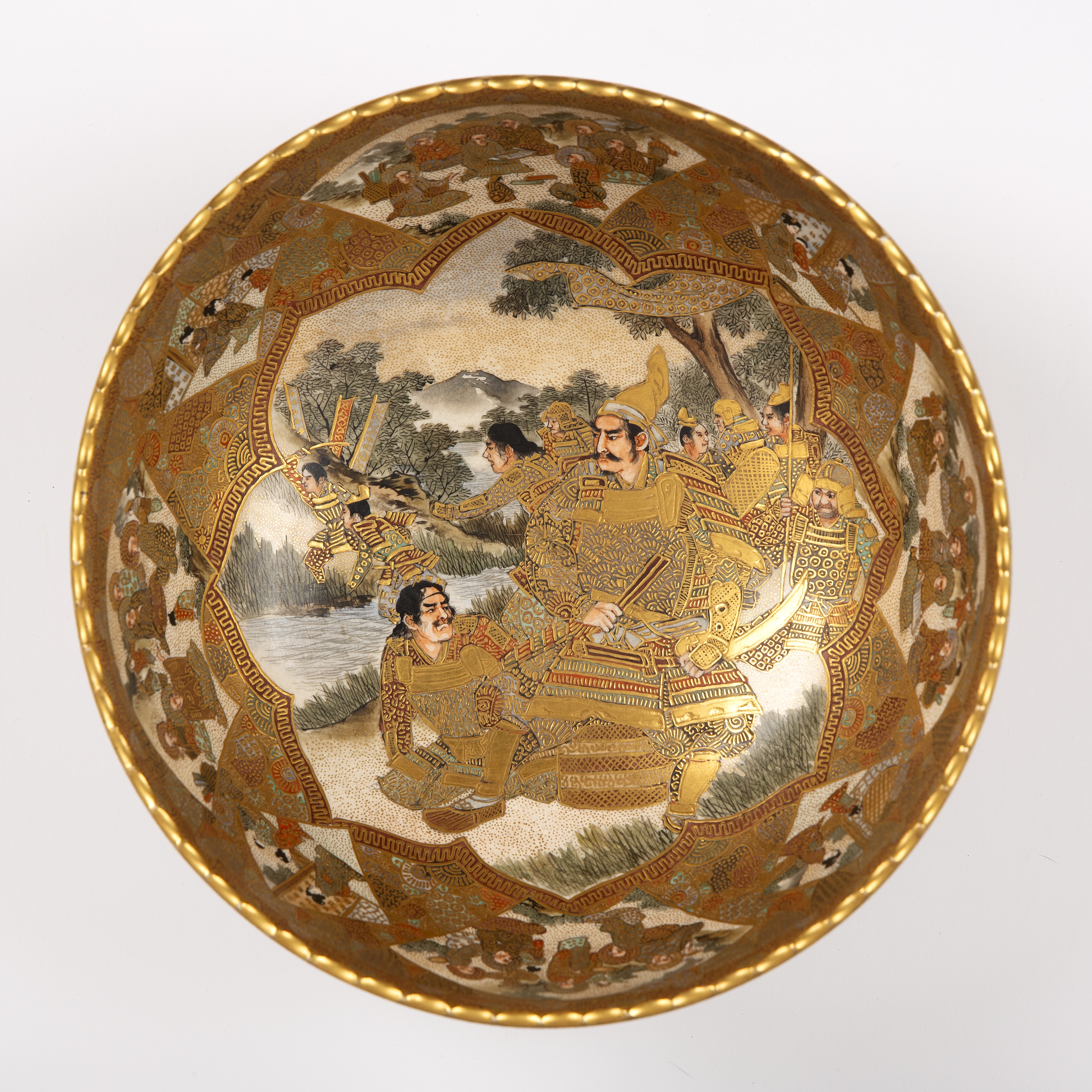 Satsuma bowl Japanese, 19th Century painted with Samurai to the centre, and a fan-shaped panels of - Image 2 of 7