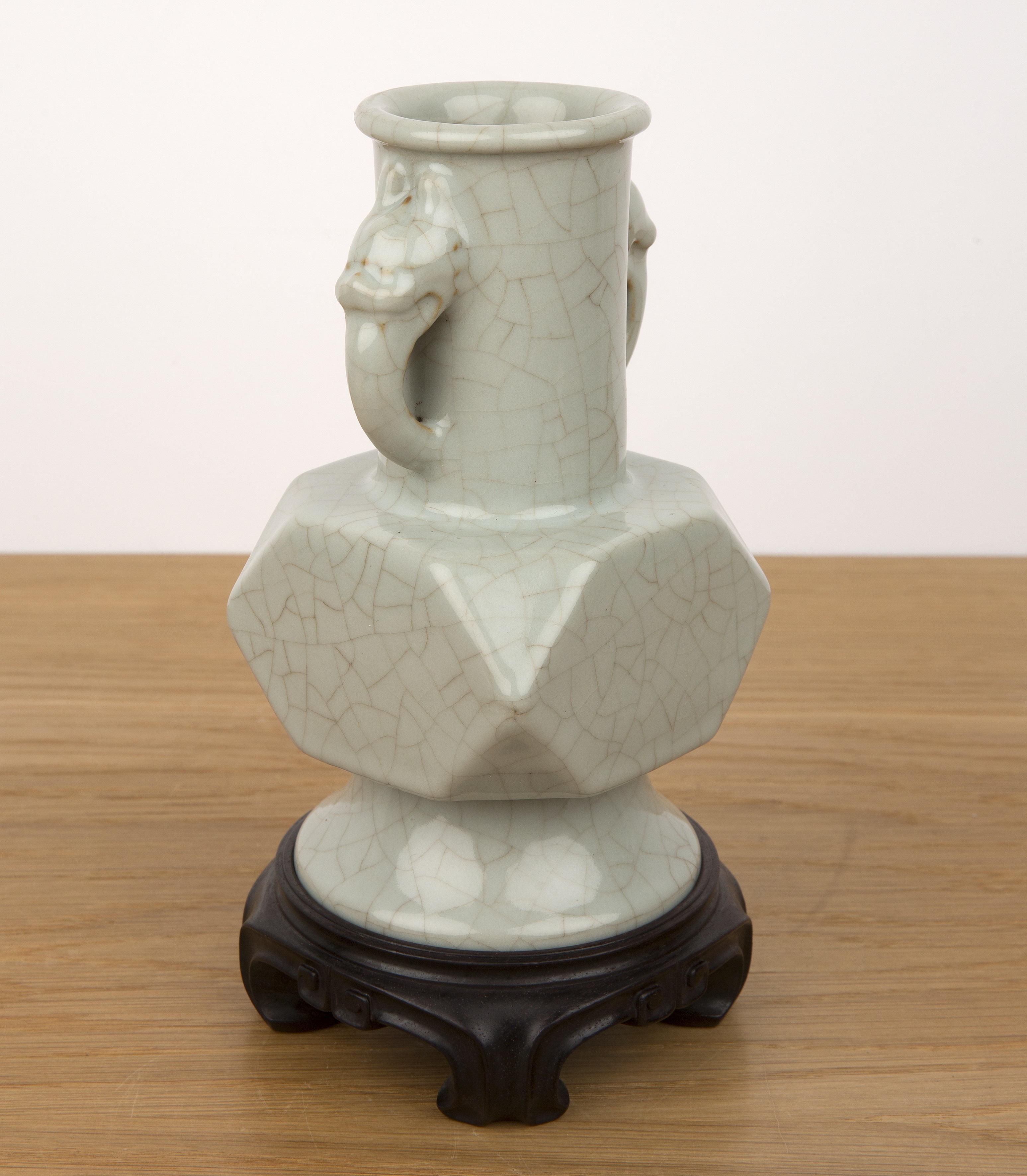 Archaic bronze form celadon vase Chinese with mask head handles, crackle glaze, and canted body - Image 3 of 17