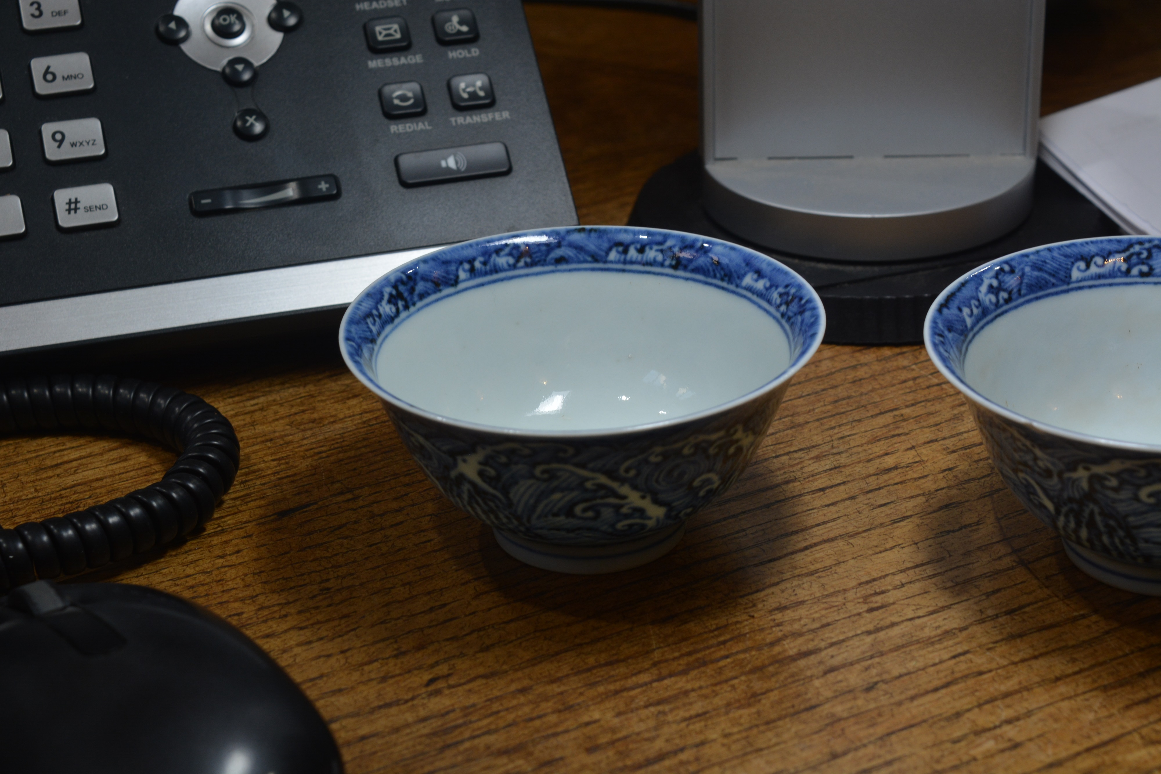 Pair of blue wave pattern bowls Chinese, 19th Century each on a raised foot with a single band, 10cm - Image 8 of 8