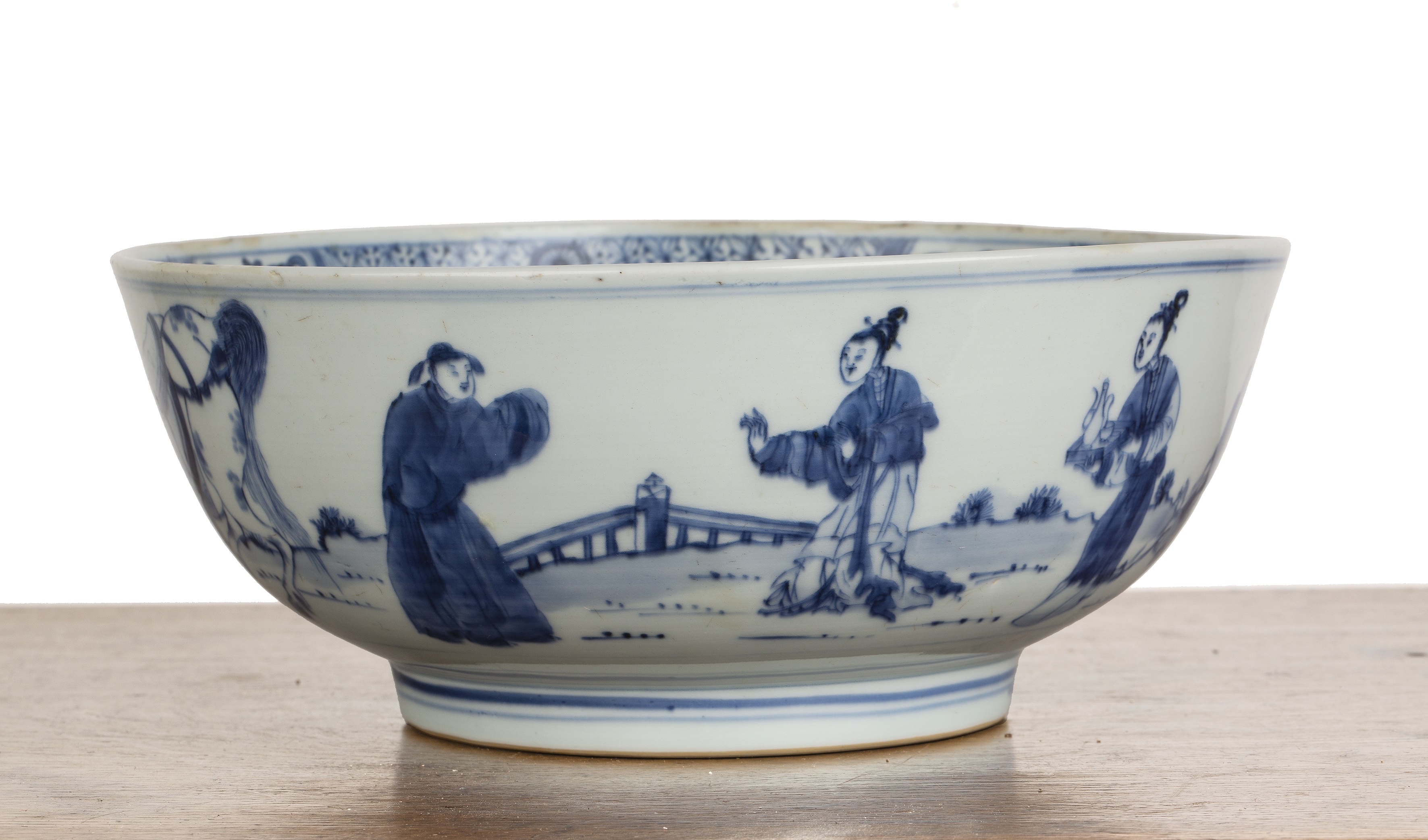 Blue and white circular bowl Chinese, 18th Century painted with travellers and scholars, 25.2cm